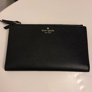 Kate Spade black pebble leather slim wallet clutch gold hardware nwot